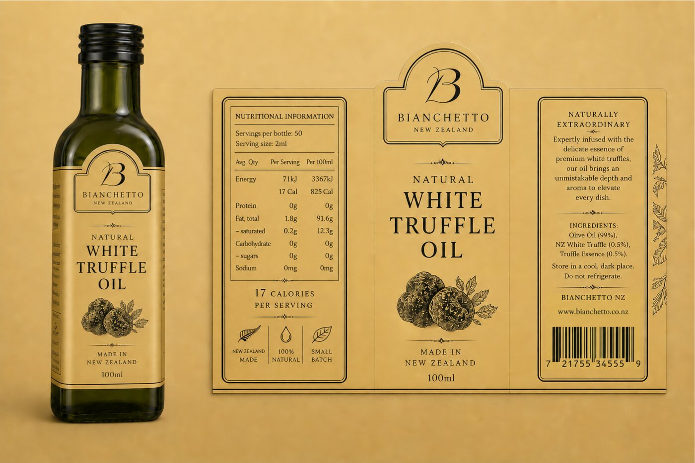 Bianchetto Natural White Truffle Oil — 100ml bottle with gold label