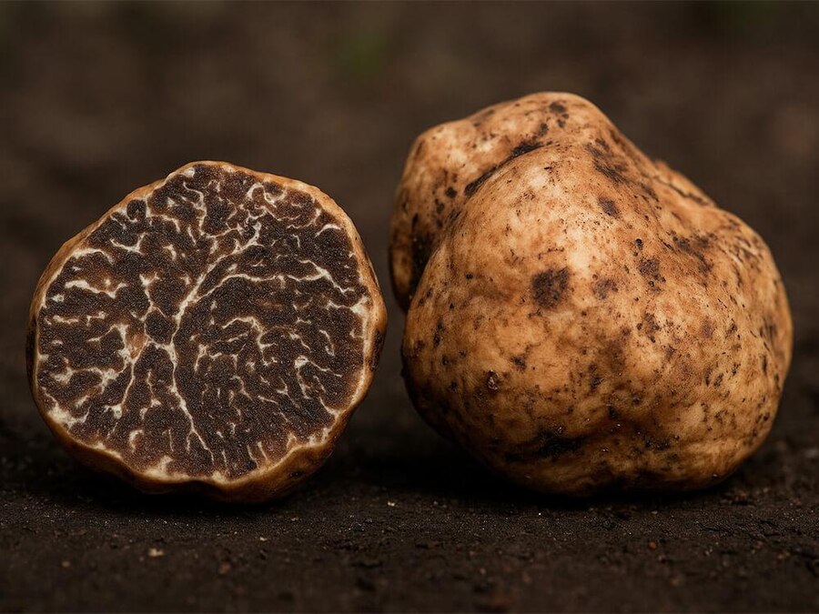 Fresh bianchetto truffles, whole and sliced